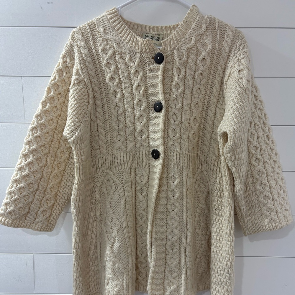 Kilronan Knitwear Merino Wool Cable Knit Cardigan‎ Sweater Ireland L - Picture 2 of 14